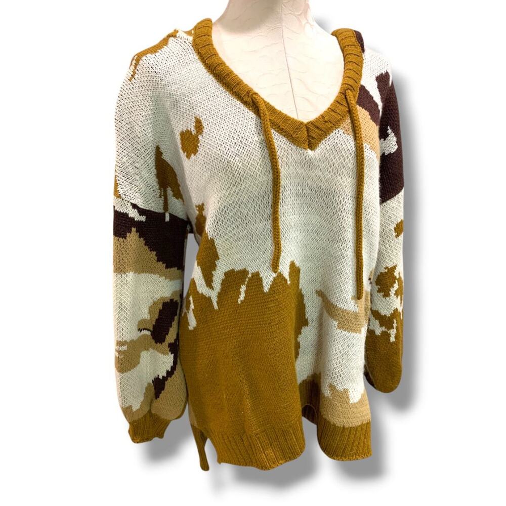 Large POL Womens Brown Pattern Hooded Sweater Loose Fit‎ Boho